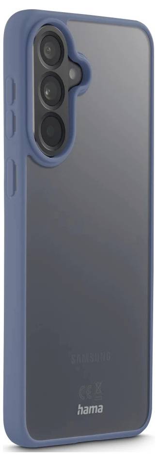 Blaue Smartphone-Schutzhülle mit erhöhtem Kameraausschnitt, gezeigt auf der Rückseite eines Samsung-Telefons.