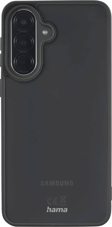 Schwarze Samsung-Smartphone-Schutzhülle von hinten gezeigt, mit rechteckigem Ausschnitt für vertikale Dreifachkamera und "hama"-Branding in der Nähe des unteren Endes.
