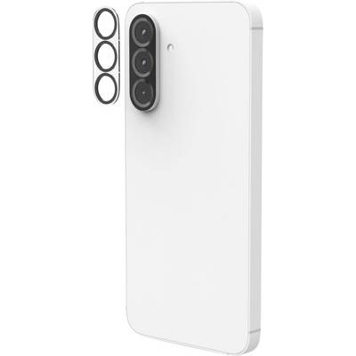 Weiße Smartphone-Schutzhülle, von hinten gezeigt, mit dreifachem Kamera-Ausschnitt und drei separaten schwarzen Objektivring-Einsätzen, die daneben schweben.