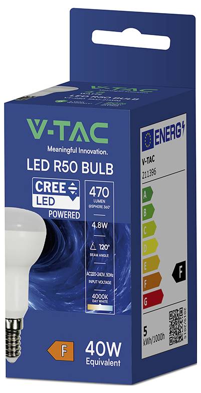 V-TAC LED R50 Glühbirne Einzelhandelskarton mit 4,8W, 470 Lumen, 40W Entsprechung, 120° Abstrahlwinkel und Energieklasse F.