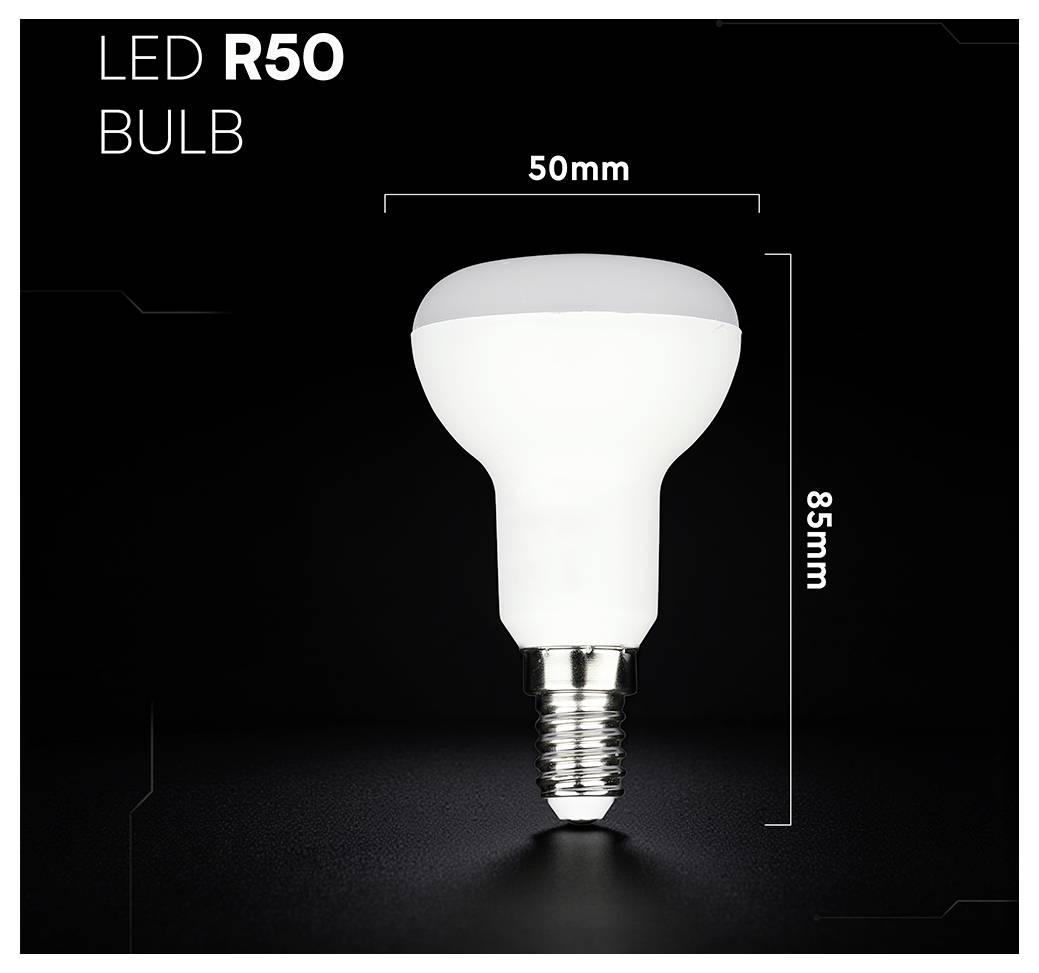R50 LED-Glühbirne Produktbild mit Abmessungen beschriftet 50 mm breit und 85 mm hoch auf schwarzem Hintergrund.