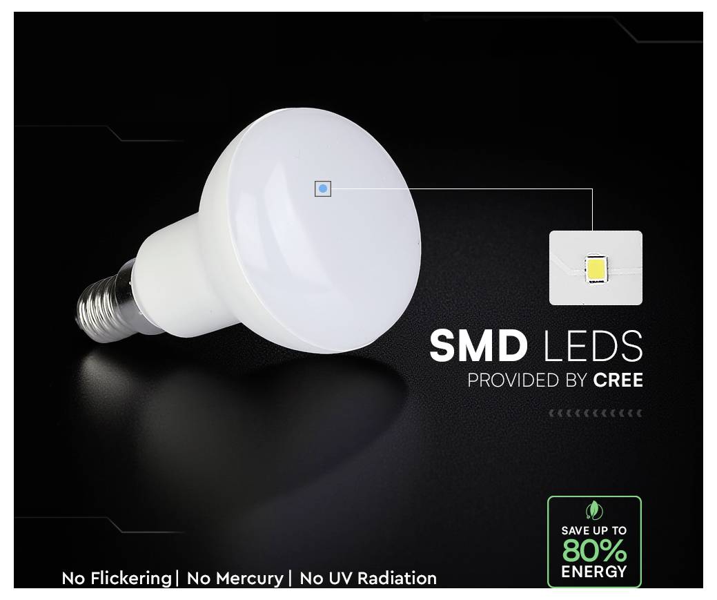 SMD-LED-Birne auf schwarzem Hintergrund, beschriftet mit „SMD LEDS bereitgestellt von CREE", mit den Angaben „Kein Flimmern | Kein Quecksilber | Keine UV-Strahlung" und „Sparen Sie bis zu 80% Energie".