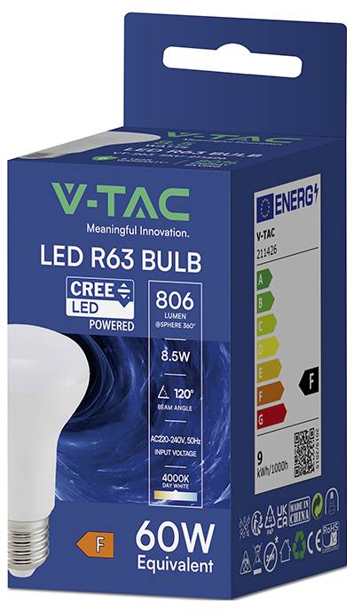 V-TAC LED R63 Glühbirne Box, 8,5W, 806 Lumen, 4000K, 60W Äquivalent, mit EU-Energielabel Klasse F.