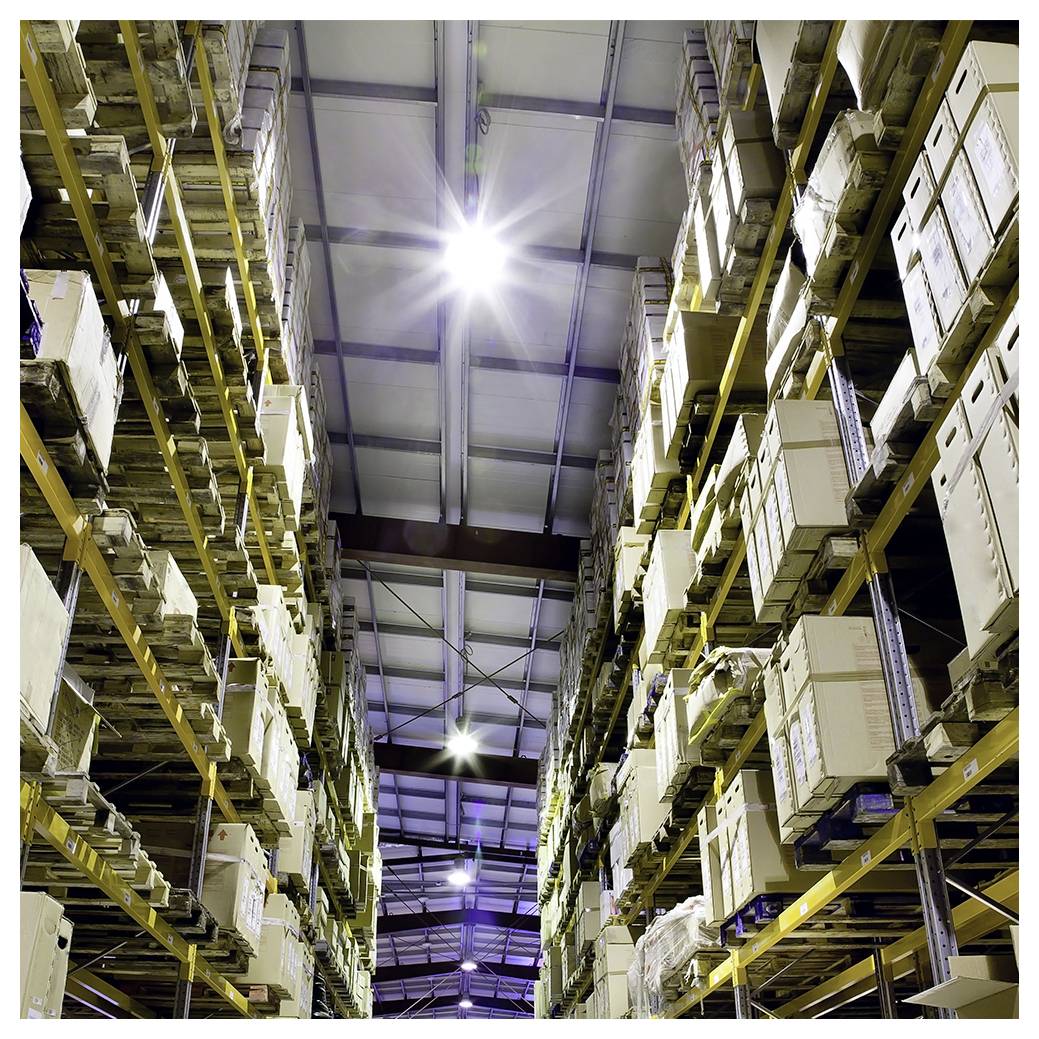 Ein Lageraisle mit hohen Regalen, die mit Kartons und Paletten unter starken Oberlichtern gestapelt sind.