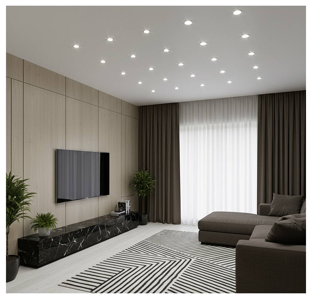 Modernes Wohnzimmer mit an der Wand montiertem Fernseher, schwarzem Medienschrank, Ecksofa, gestreiftem Teppich, Topfpflanzen und großem Fenster mit Vorhängen sowie Deckenspotlights.