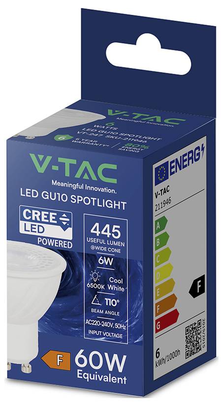 V-TAC LED GU10 Spotlight-Glühbirne Verpackung, zeigt 6W Leistung, 445 Lumen, 4000K kühles Weiß, 110° Abstrahlwinkel und F Energieeffizienzklasse.