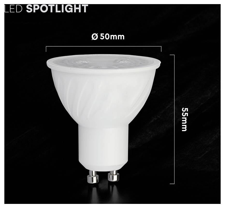 LED-Spotlicht-Glühbirne auf schwarzem Hintergrund mit beschrifteten Abmessungen Ø 50mm und 55mm.
