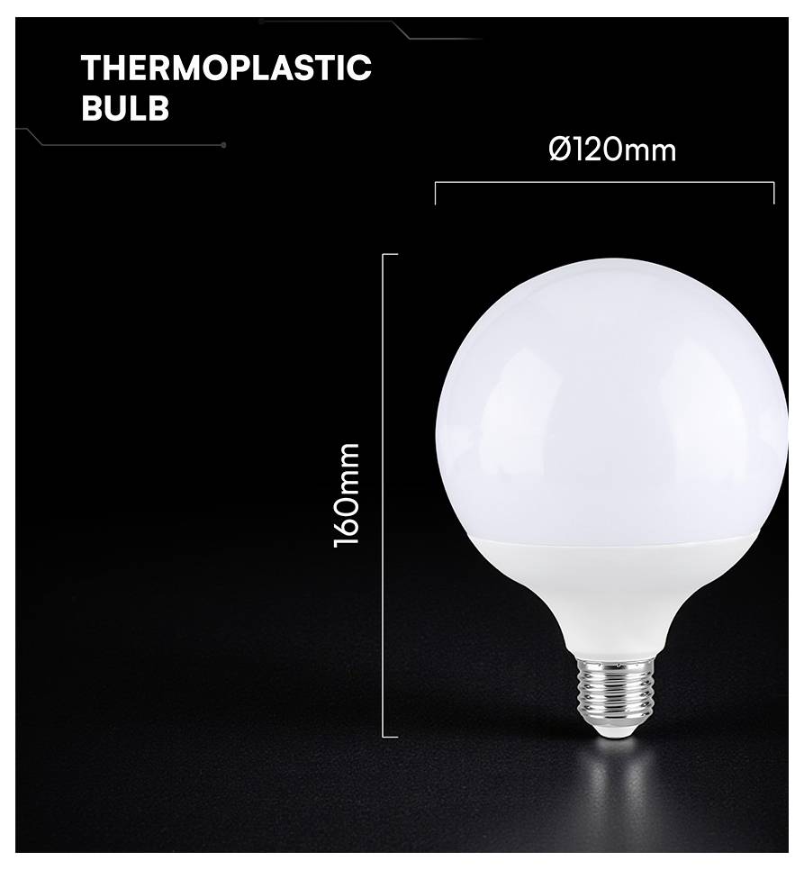Thermoplastische Glühbirnenproduktabbildung, die eine weiße runde Glühbirne mit Schraubgewinde zeigt, mit der Beschriftung 120 mm breit und 160 mm hoch.