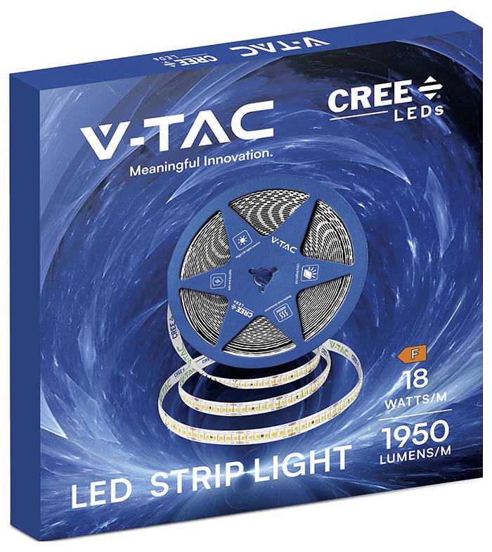 V-TAC CREE LEDs LED-Streifenlicht-Verpackung mit einer Spule blau-weißer Streifenbeleuchtung, gekennzeichnet mit 18 Watt/m und 1950 Lumen/m.