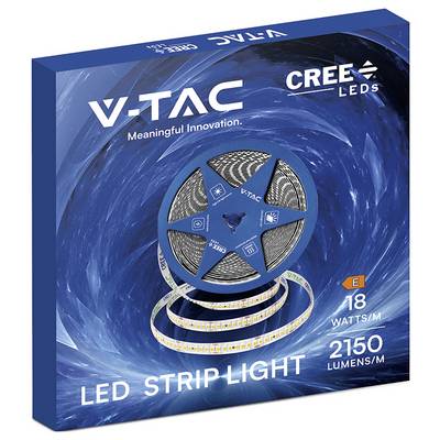V-TAC Cree LEDs LED-Streifenlicht-Verpackung mit 18 Watt pro Meter und 2150 Lumen pro Meter, zeigt eine Rolle LED-Streifenlicht auf blauem Wirbelhintergrund.