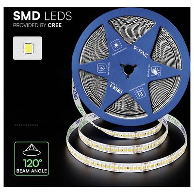 Produktabbildung einer SMD-LED-Streifenleuchte auf einer Spule, gekennzeichnet mit „SMD-LEDs von Cree" und „120° Abstrahlwinkel".