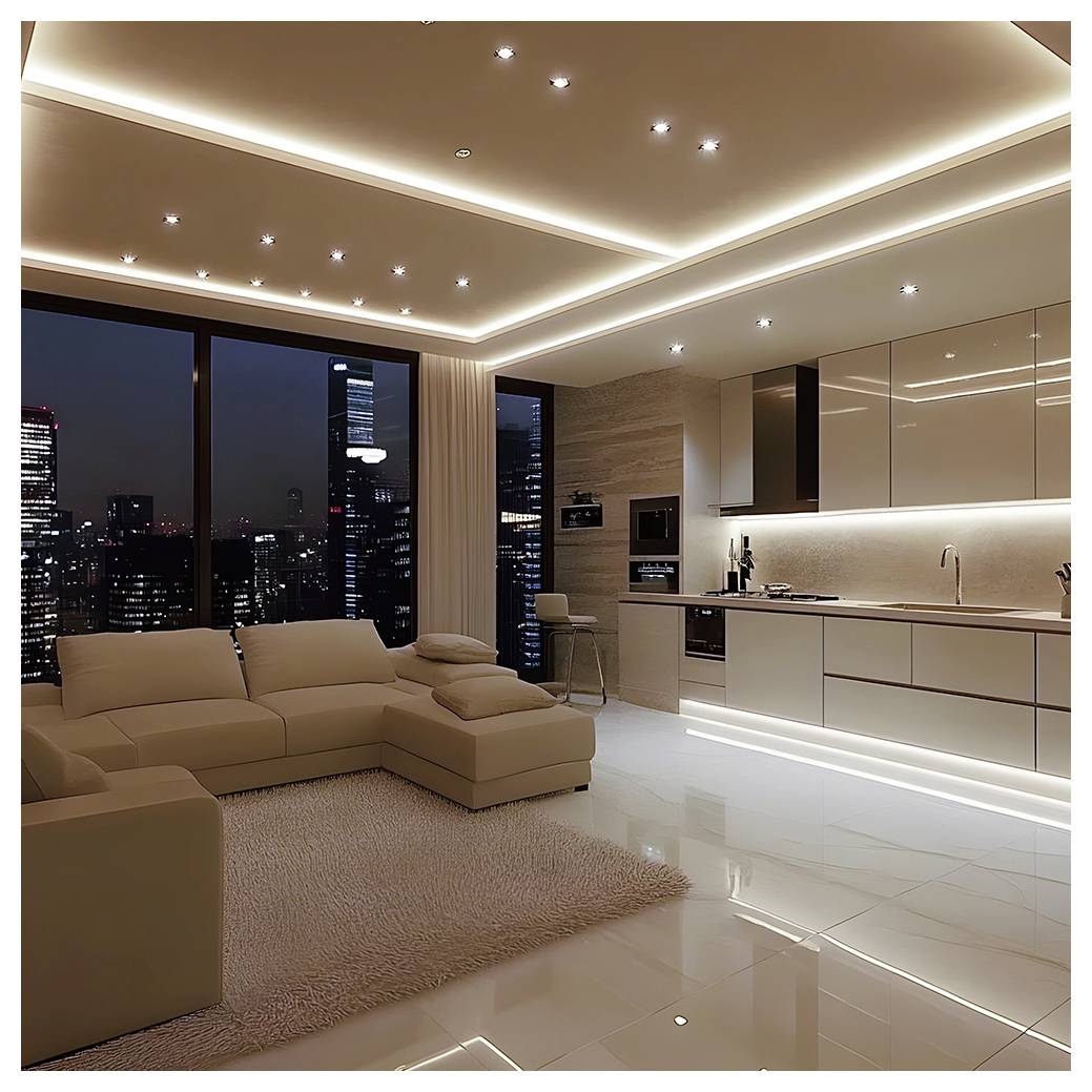 Modernes offenes Wohnzimmer und Küche mit beigem Ecksofa, glänzendem Boden, warmer Einbauleuchten und großen Fenstern mit nächtlichem Stadtpanorama.