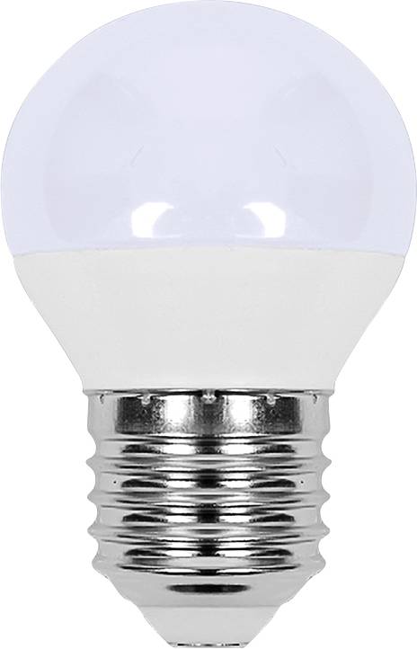 Eine mattierte LED-Glühbirne mit versilberter Schraubfassung auf einfachem weißem Hintergrund.