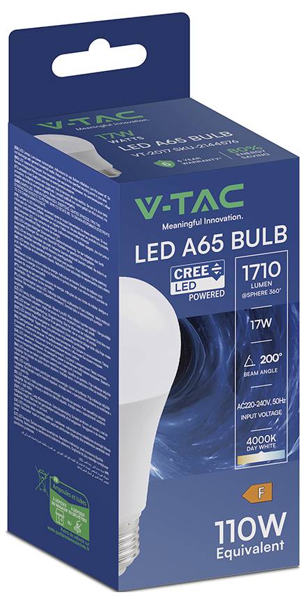 V-TAC LED A65-Glühbirne Produktverpackung, zeigt 17W, 1710 Lumen, 4000K Tageslicht, 200° Abstrahlwinkel und Text „110W-Äquivalent".