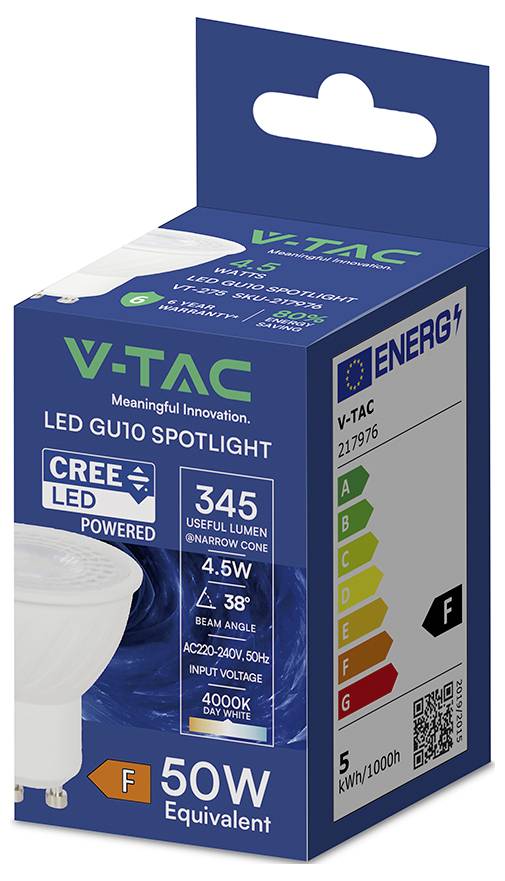 Schachtel mit V-TAC LED-GU10-Spotleuchten, die 4,5W, 345 Lumen, 38° Abstrahlwinkel, 50W-Equivalent und Energieeffizienzklasse F zeigen.