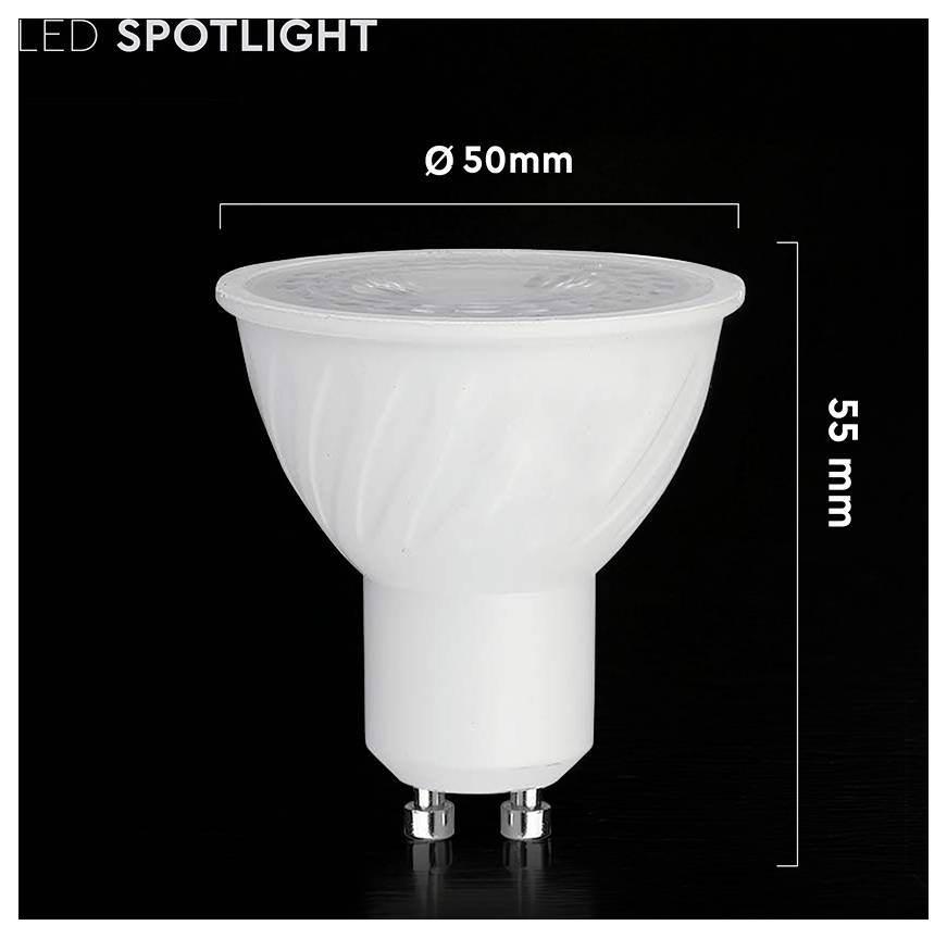 LED-Spotlightlampe mit beschrifteten Abmessungen: Ø50 mm breit und 55 mm hoch