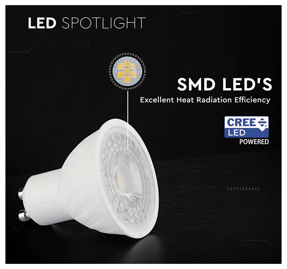 Werbebild einer weißen LED-Spotlichtlampe auf dunklem Hintergrund, beschriftet mit „LED SPOTLIGHT" und „SMD LEDs" sowie „CREE LED POWERED" und „Ausgezeichnete Wärmestrahler-Effizienz".