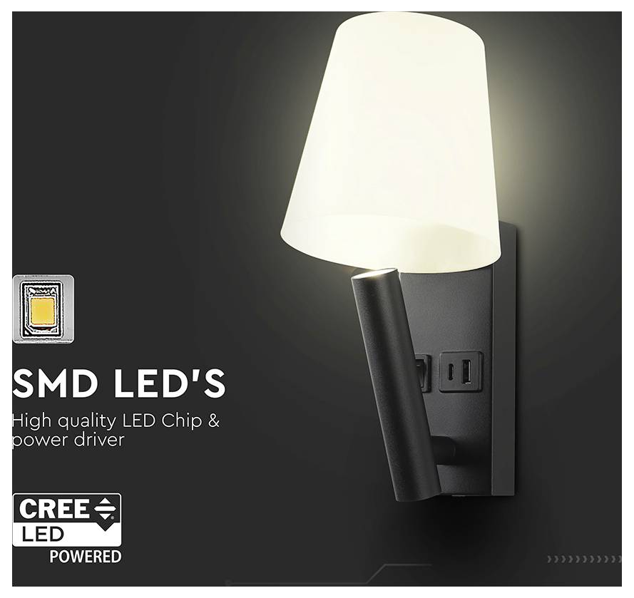 Schwarze Wandleuchte mit weißem Schirm und verstellbarem Arm, gekennzeichnet mit „SMD LED'S" und „CREE LED POWERED" für hochwertige LED-Beleuchtung.