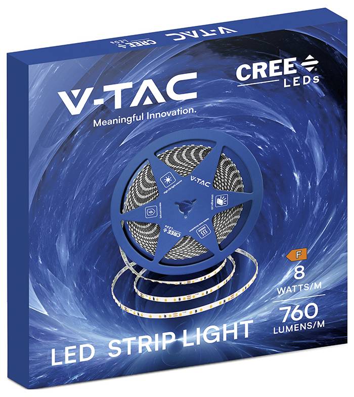 Schachtel mit V-TAC CREE LEDs LED-Streifenleuchte, zeigt eine 5m Spule, 8 Watt pro Meter, 760 Lumen pro Meter, und der Text „Meaningful Innovation."