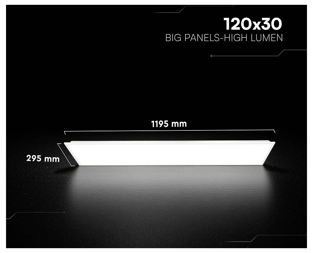 Schwarze Produktgrafik eines schlanken rechteckigen Lichtpanels mit der Bezeichnung '120x30 BIG PANELS-HIGH LUMEN' und den Abmessungen 1195 mm × 295 mm.