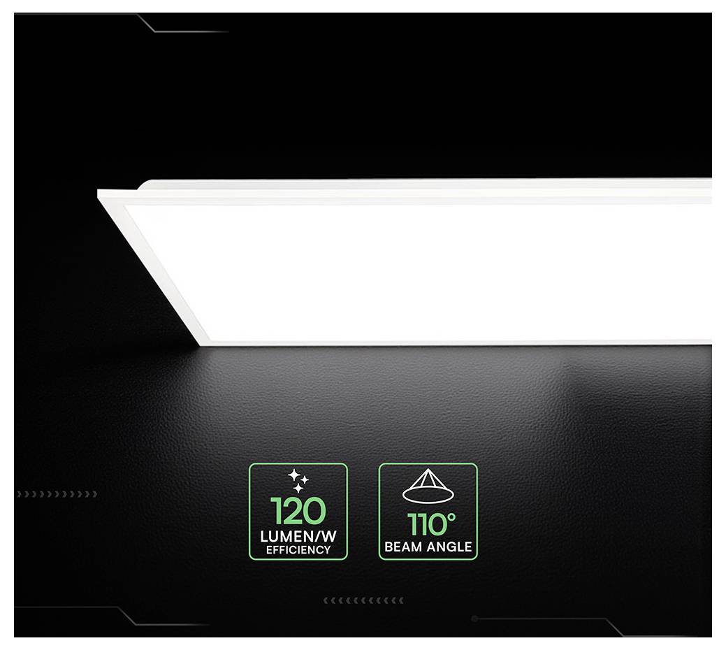 Produktgrafik, die eine elegante weiße Leuchte mit Beschriftungen "120 LUMEN/W EFFIZIENZ" und "110° ABSTRAHLWINKEL" auf dunklem Hintergrund zeigt.