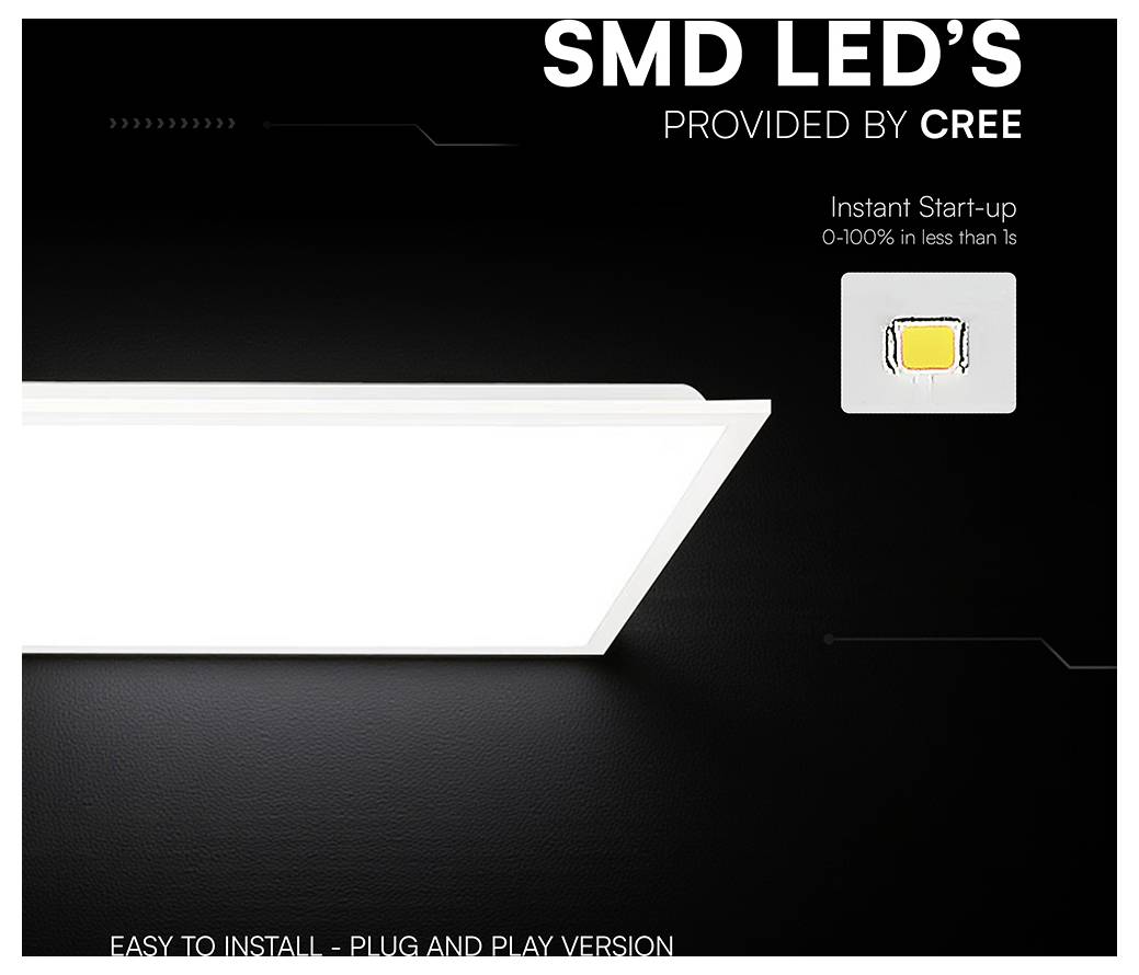 Werbegrafik für SMD-LEDs von Cree, zeigt ein weißes LED-Panellicht und einen kleinen LED-Chip mit dem Text „Sofortige Inbetriebnahme" und „0-100% in weniger als 1s".