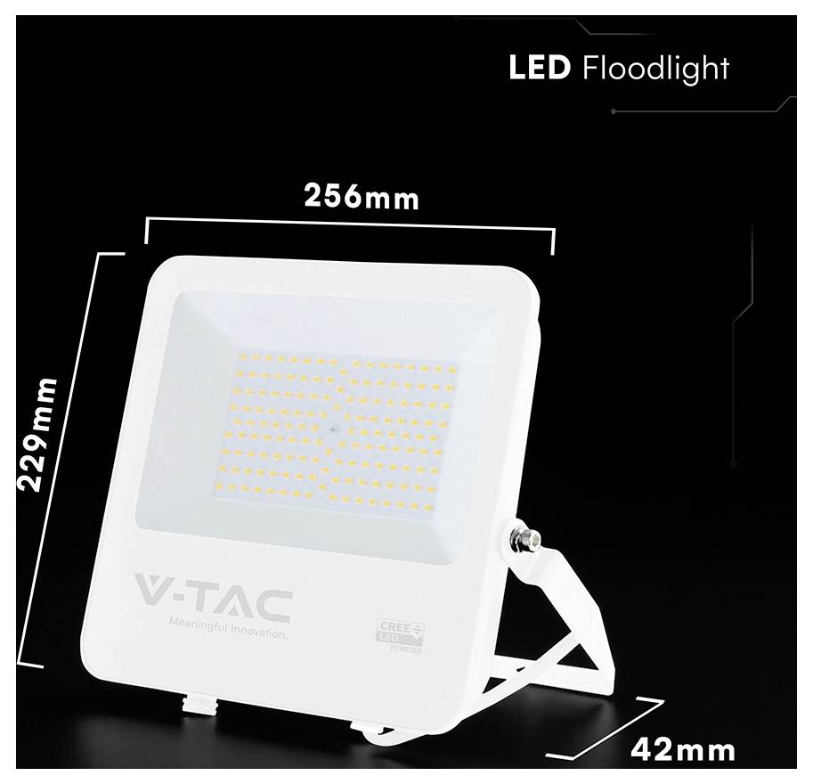 Produktbild einer weißen LED-Flutlichtleuchte mit Montagebügel auf schwarzem Hintergrund, beschriftet mit 256 mm Breite, 229 mm Höhe und 42 mm Tiefe.