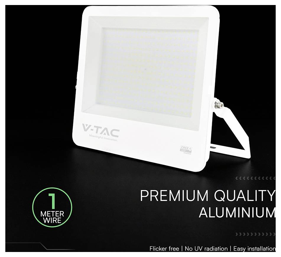 White V-TAC LED-Flutlicht auf einer Halterung, dargestellt mit „1 Meter Kabel" und Text, der hochwertige Aluminium, flimmerfreien Betrieb, keine UV-Strahlung und einfache Installation bewirbt.