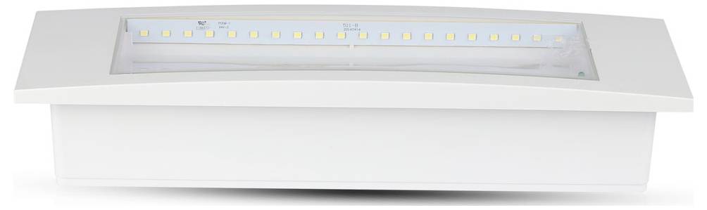 Ein weiße rechteckiges, wandmontiertes Leuchtengehäuse mit einem langen, durchscheinenden LED-Panel oben.