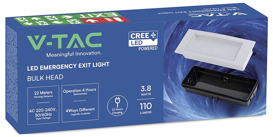 V-TAC LED Notausgangsleuchte Aufputzbox mit Produktbild und Spezifikationen: 22 Meter Sichtweite, 4 Stunden Betriebsdauer, 3,8 Watt, 110 Lumen, 12 Stunden Ladedauer.