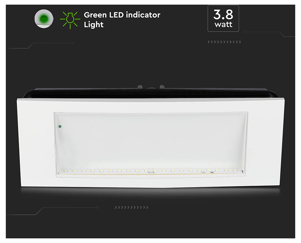 Weißes rechteckiges Deckenleuchten-Panel mit grüner LED-Anzeige, beschriftet mit 3,8 Watt.