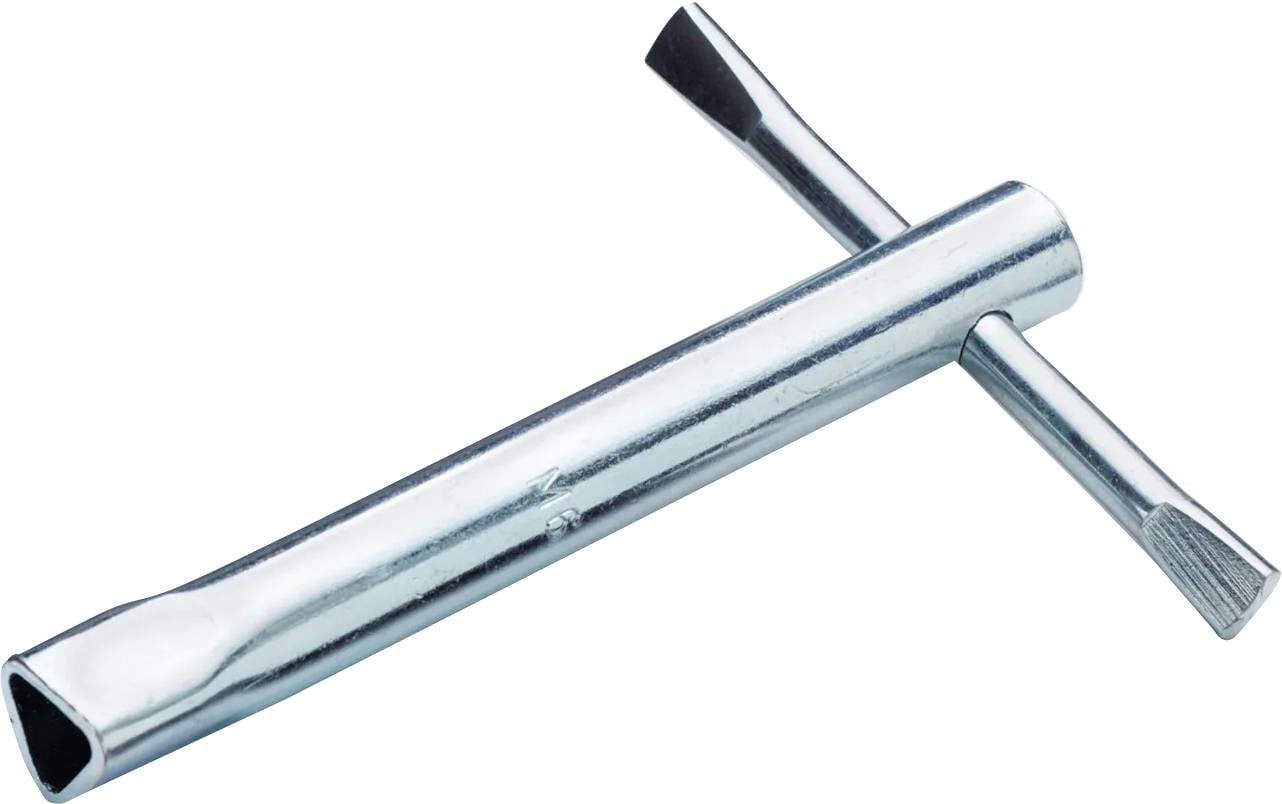 Silbernes Metall-T-Griff-Steckschlüssel mit zwei Sechskantenden auf weißem Hintergrund.