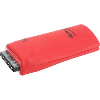 Rotes Lithium-Ionen-Akku-Pack mit schwarzen Anschlussklemmen, auf weißem Hintergrund dargestellt.
