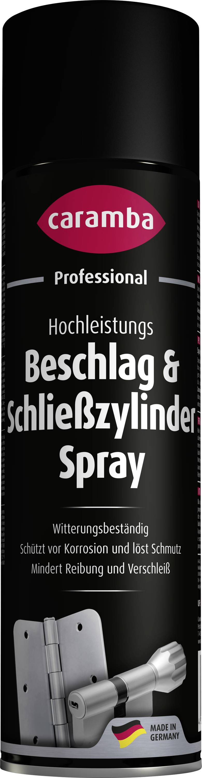 Caramba Profi-Hochleistungs-Schloss- und Scharnierspray in der Dose, schwarz mit rotem Logo, deutsches Etikett für Korrosionsschutz und Schmierung.