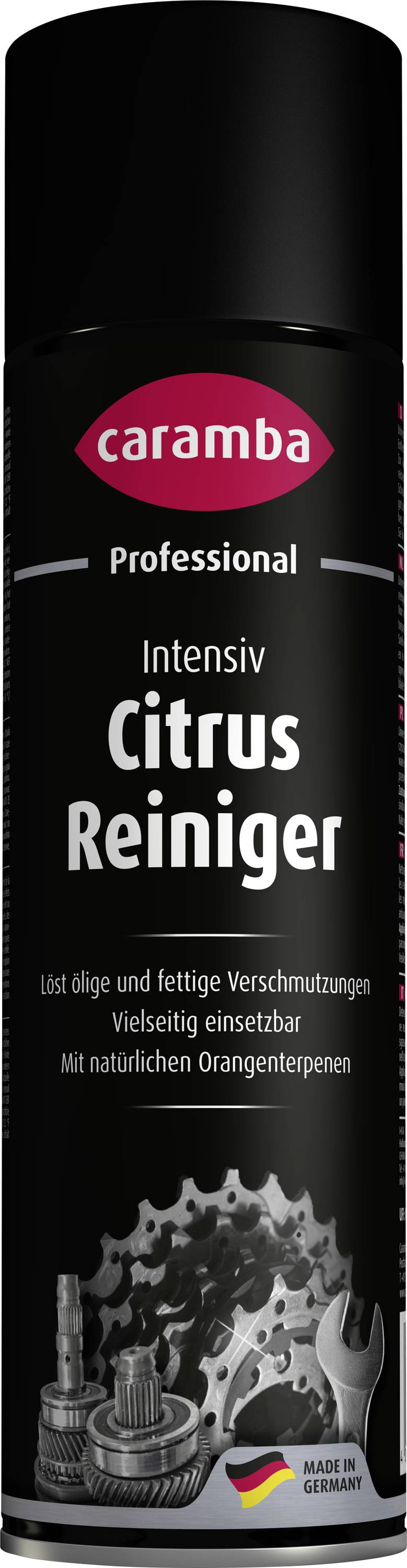 Schwarze Caramba Professional "Intensiv Zitrusreiniger" Sprühflasche mit Zitrus-Maschinen-Grafik und "Made in Germany" Plakette.