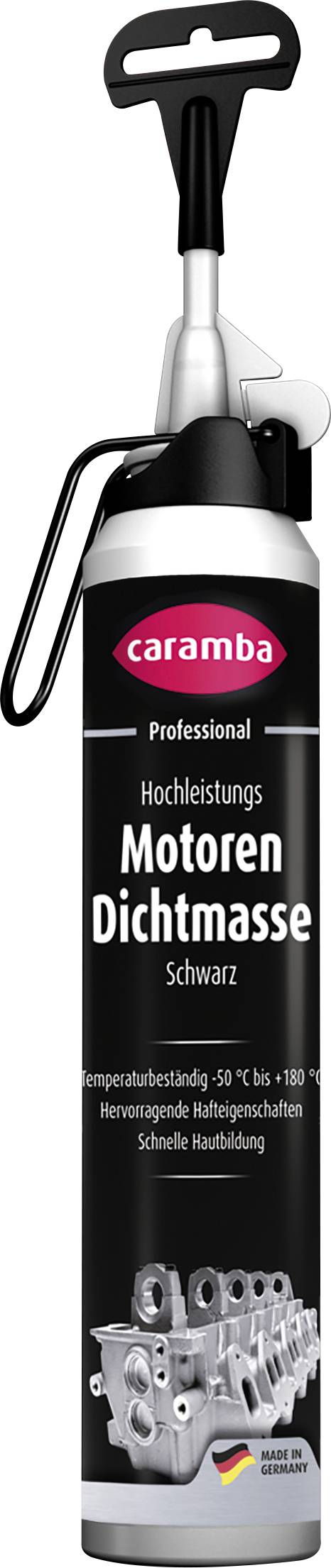 Caramba Professional schwarzes Motordichtsystem in Dose mit Applikatorgriff und Düse.