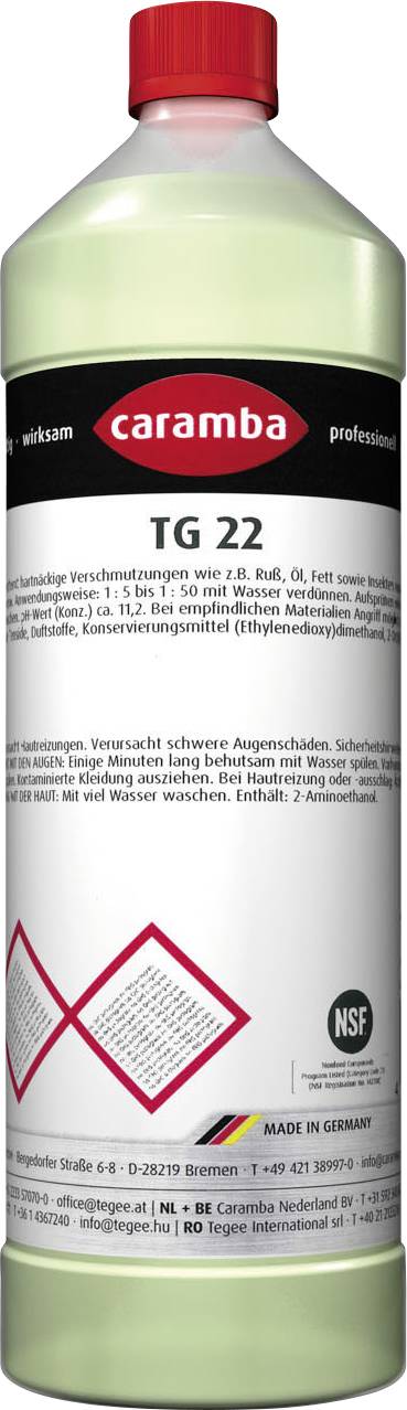 Flasche mit Caramba TG 22 Industriereiniger mit roter Kappe, schwarzweißem Etikett und Gefahrwarnzeichen in der Nähe des unteren Bereichs.