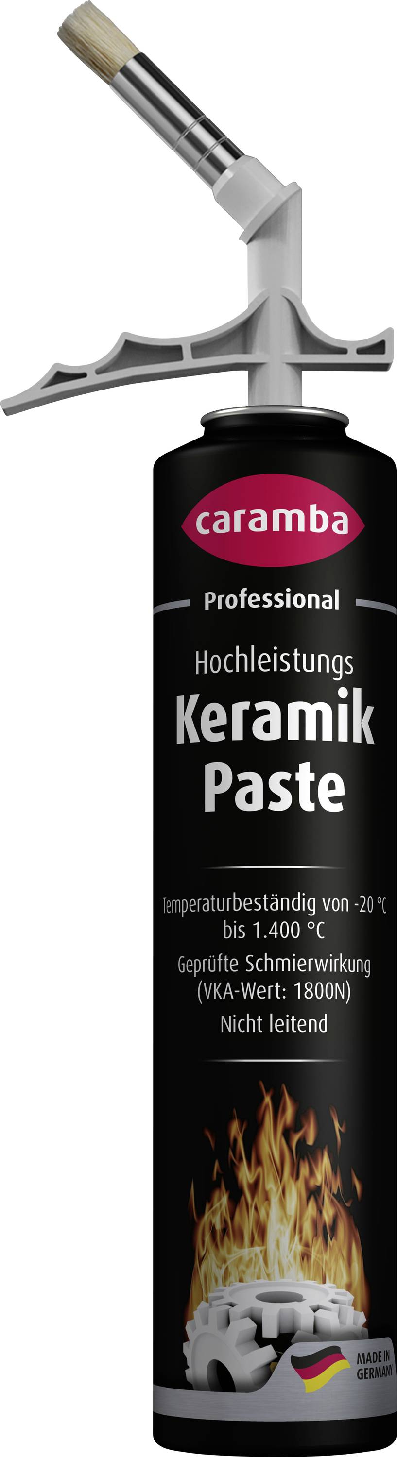 Eine Dose Caramba Professional Hochleistungs-Keramikpaste mit Pinsel-Applikator und flammenbeständigem Schmierstoff für extreme Temperaturen.