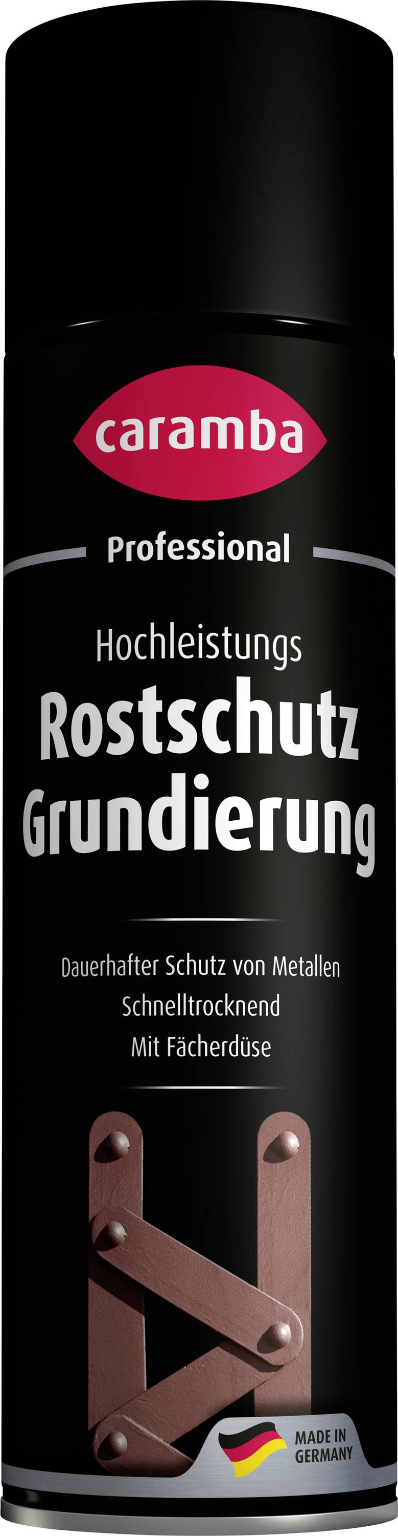 Schwarze Dose mit Etikett Caramba Professional Rostschutz Grundierung, eine Rostschutzgrundierung für Metall mit einer deutschen Flagge und dem Zeichen „Made in Germany" sowie einem Bild von Metallhalterungen.