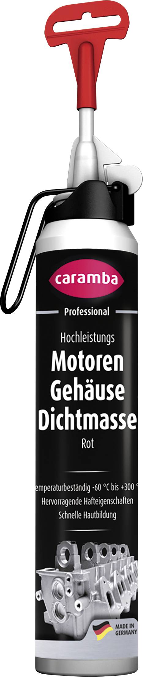Eine Dose Caramba Professional-Dichtmasse mit einer Abbildung eines Werkzeugs mit rotem Griff, beschriftet in Deutsch als Dichtmasse für Motor- und Gehäuseabdichtung.