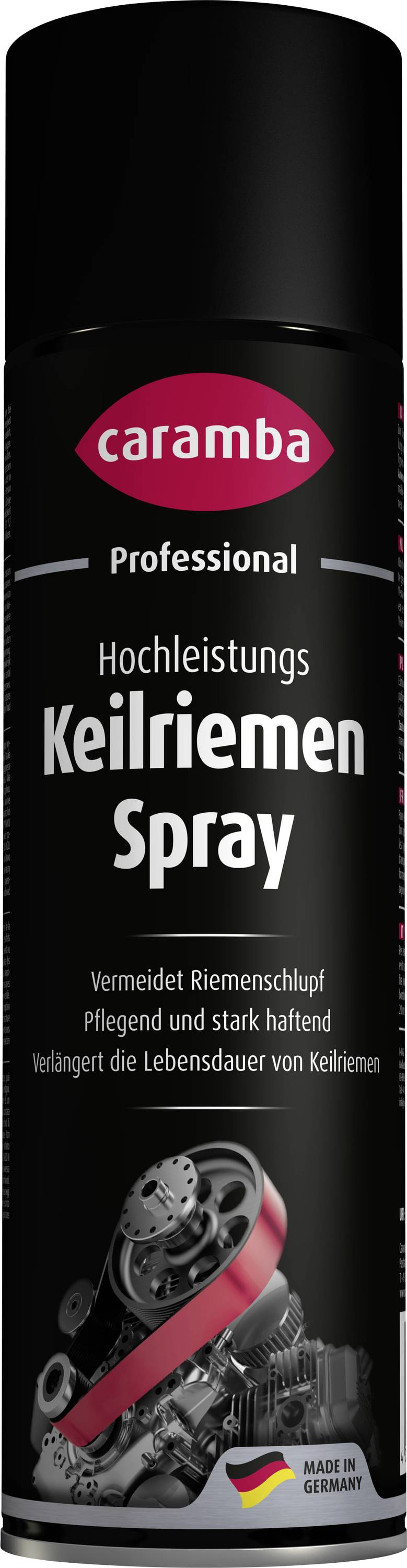Schwarze Dose von 'Caramba Professional Hochleistungs Keilriemen Spray' zum Reinigen und Schützen von Keilriemen, mit der Aufschrift 'Made in Germany'.