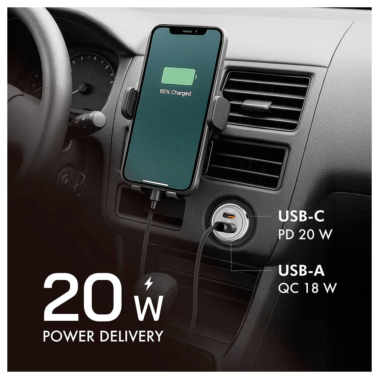 Smartphone-Ladung in einer Auto-Lüftungsgitterhalterung mit USB-C-Anschluss mit der Bezeichnung "PD 20 W" und USB-A "QC 18 W"; der Text hebt "20 W Power Delivery" hervor.