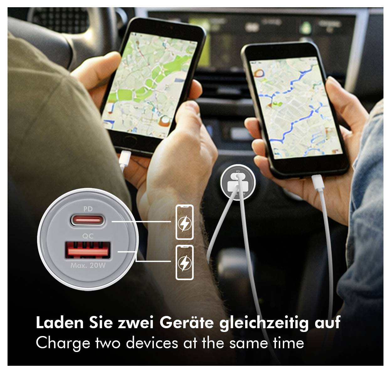 Zwei Telefone werden in einem Auto von einem doppelten USB-Ladegerät geladen; der Text besagt „Laden Sie zwei Geräte gleichzeitig auf" und zeigt PD- und QC-Anschlüsse.