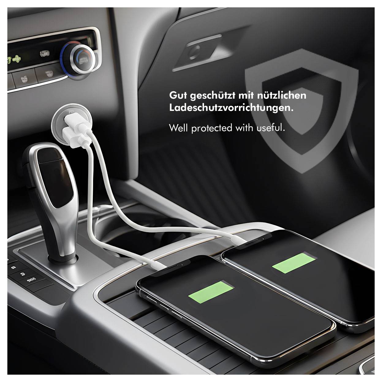 Autokonsole mit zwei Smartphones, die per USB aufgeladen werden, plus der Text „Gut geschützt mit nützlichen Ladenschutzvorrichtungen." und „Gut geschützt mit nützlichen Ladeschutzvorrichtungen."