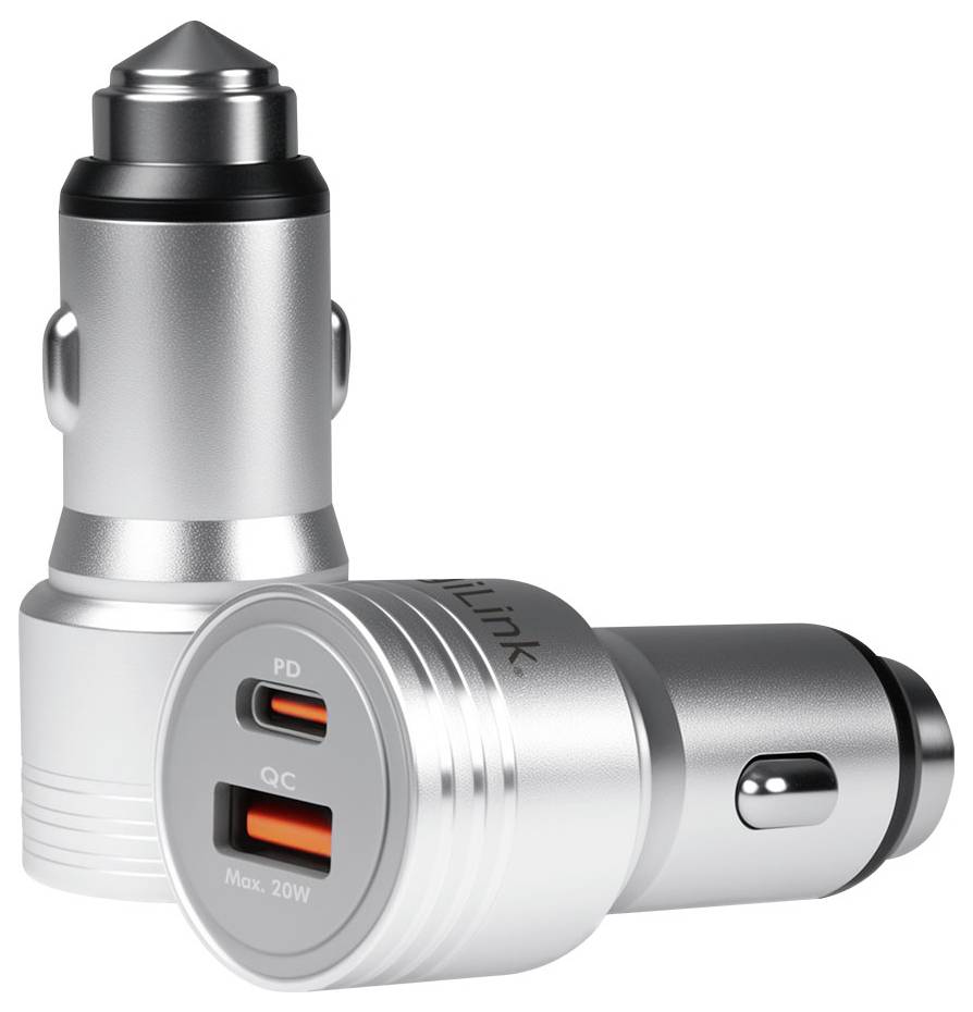 Zwei silberne Auto-USB-Ladegerät-Adapter, einer aufrecht und einer liegend, jeweils mit zwei USB-Anschlüssen mit den Bezeichnungen PD und QC sowie „Max. 20W" auf der Vorderseite.