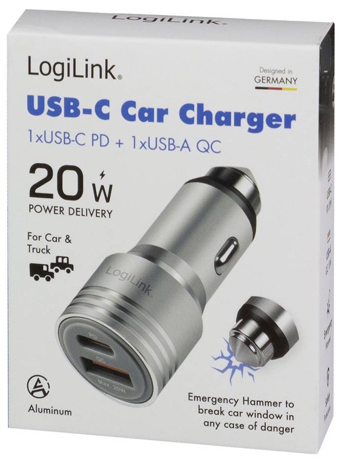 LogiLink USB-C Autoladegerät, zeigt ein 20-W-Doppelport-Autoladegerät mit USB-C PD und USB-A QC sowie eine Notfall-Fensterbrecher-Funktion.