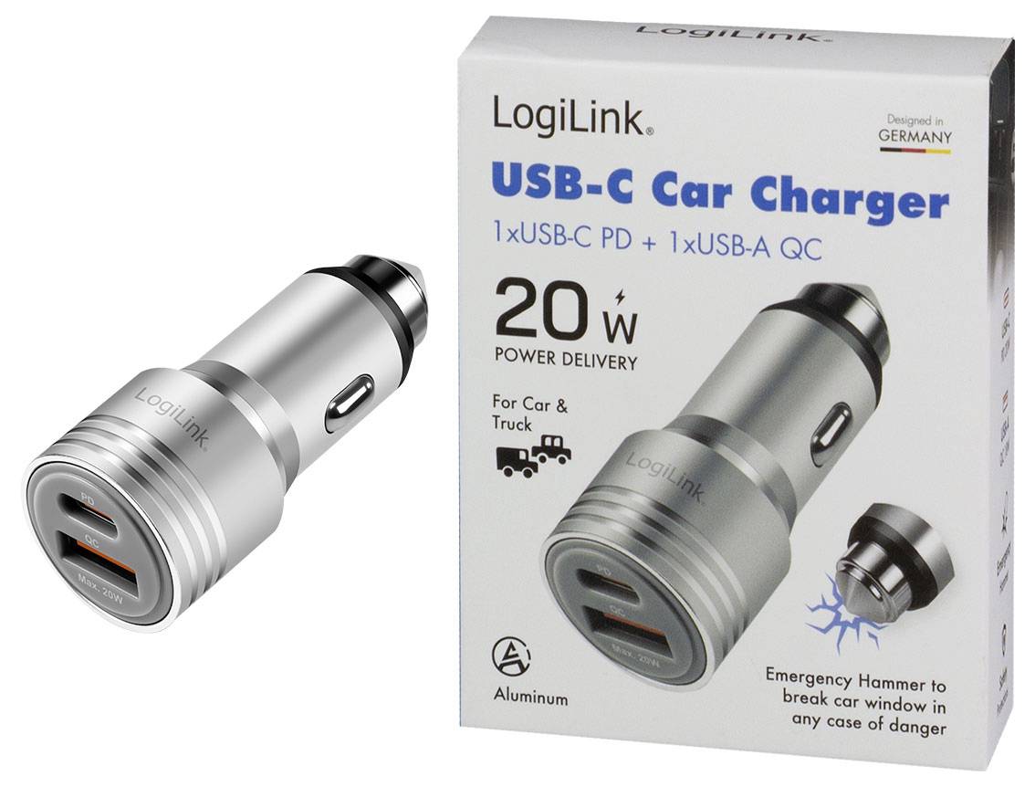 LogiLink USB-C Autoladeetz und Verpackung mit 20W Power Delivery, einen USB-C PD-Anschluss, einen USB-A QC-Anschluss, für Auto und Lastkraftwagen.