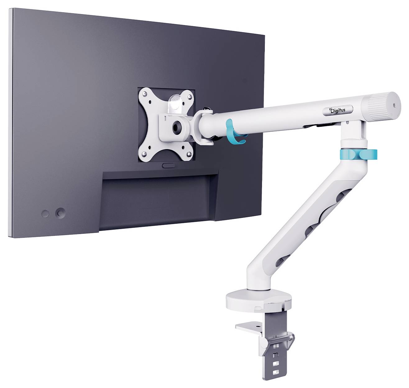 Weißer gegliederter Monitor-Arm mit Tischklemme, der die Rückseite eines Flachbildschirm-Monitors auf weißem Hintergrund stützt.