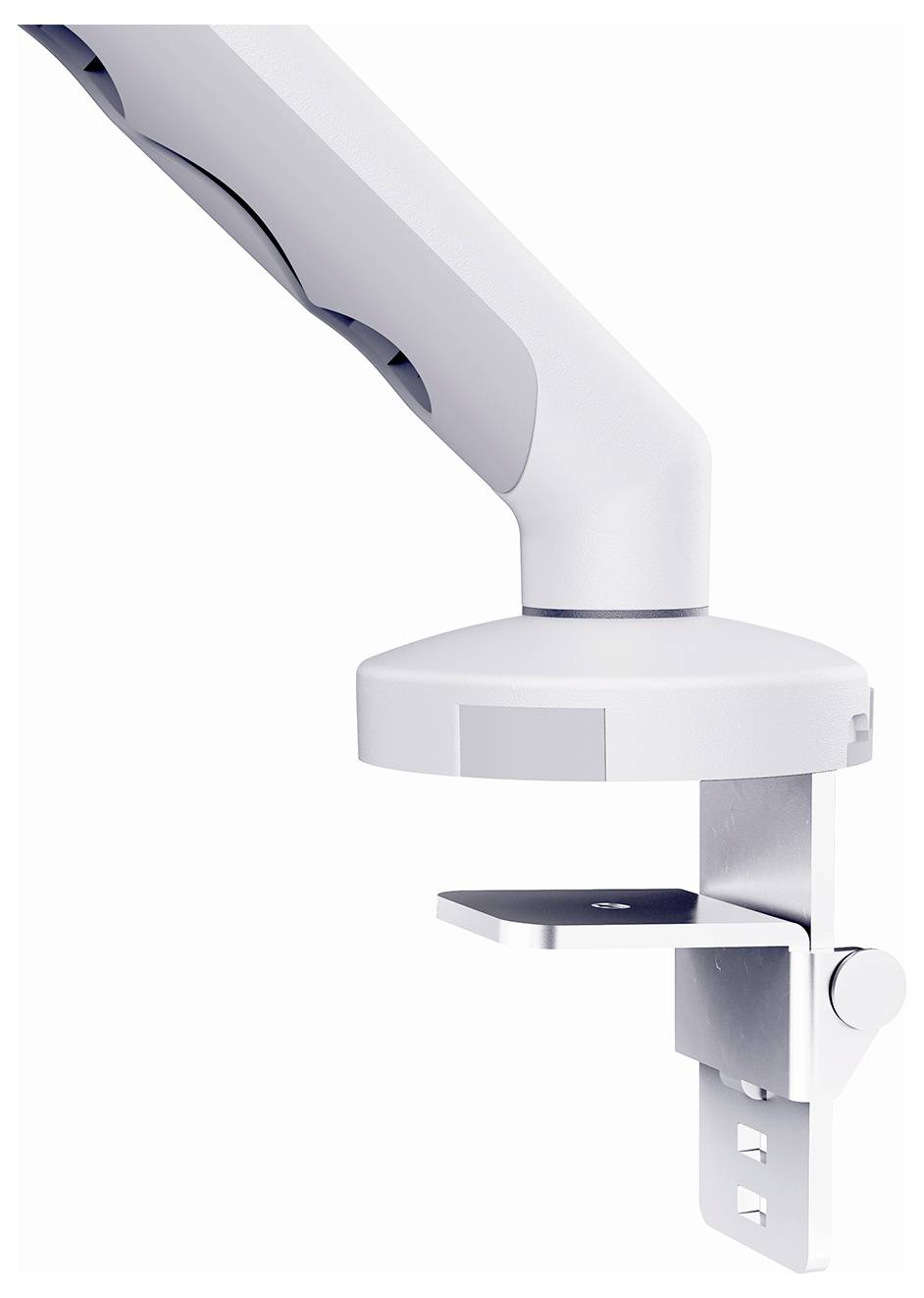 Weißer verstellbarer Monitorarm oder Schreibtischmontagebracket auf einfachem weißem Hintergrund.