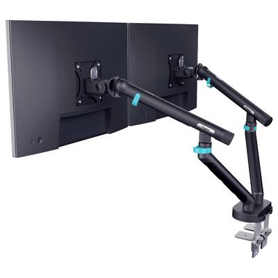 Dual-Monitor-Arm-Halterung mit Schreibtischklemme, die zwei Flachbildschirme nebeneinander trägt.